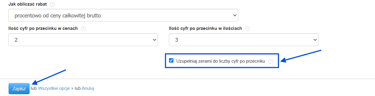 Zaznaczony checkbox Uzupełniaj zerami do liczby cyfr po przecinku w ustawieniach konta Fakturowni.