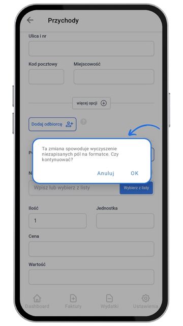 Ekran aplikacji Fakturownia z komunikatem ostrzegawczym. Treść komunikatu: ‘Ta zmiana spowoduje wyczyszczenie niezapisanych pól na formacie. Czy kontynuować?’