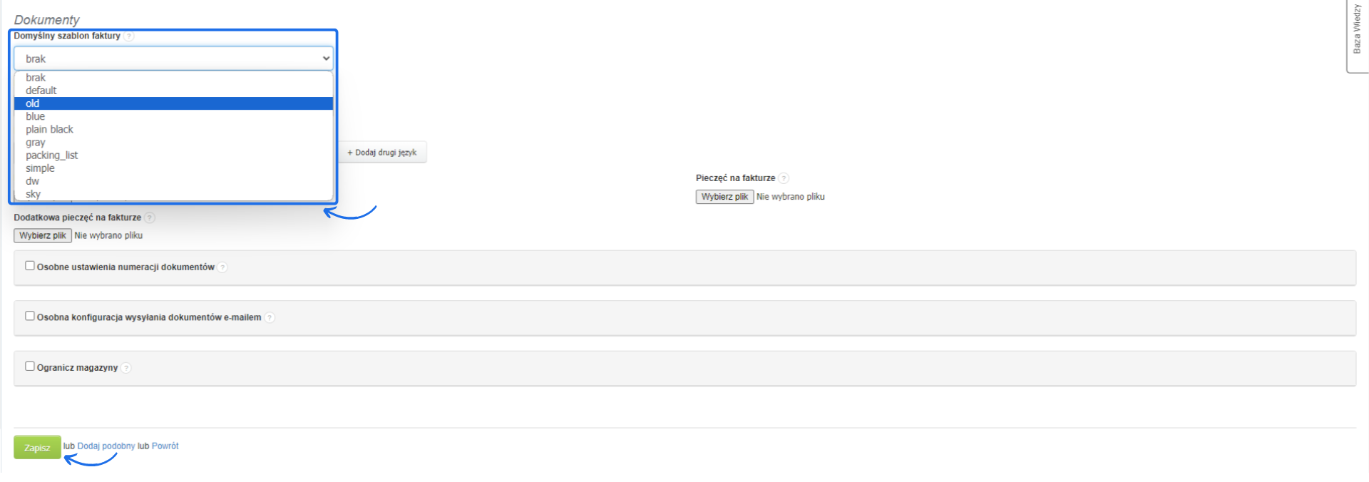 Ustawienia domyślnego szablonu faktury z rozwijaną listą opcji, możliwością dodania drugiego języka i wyboru pliku z pieczęcią na fakturze.