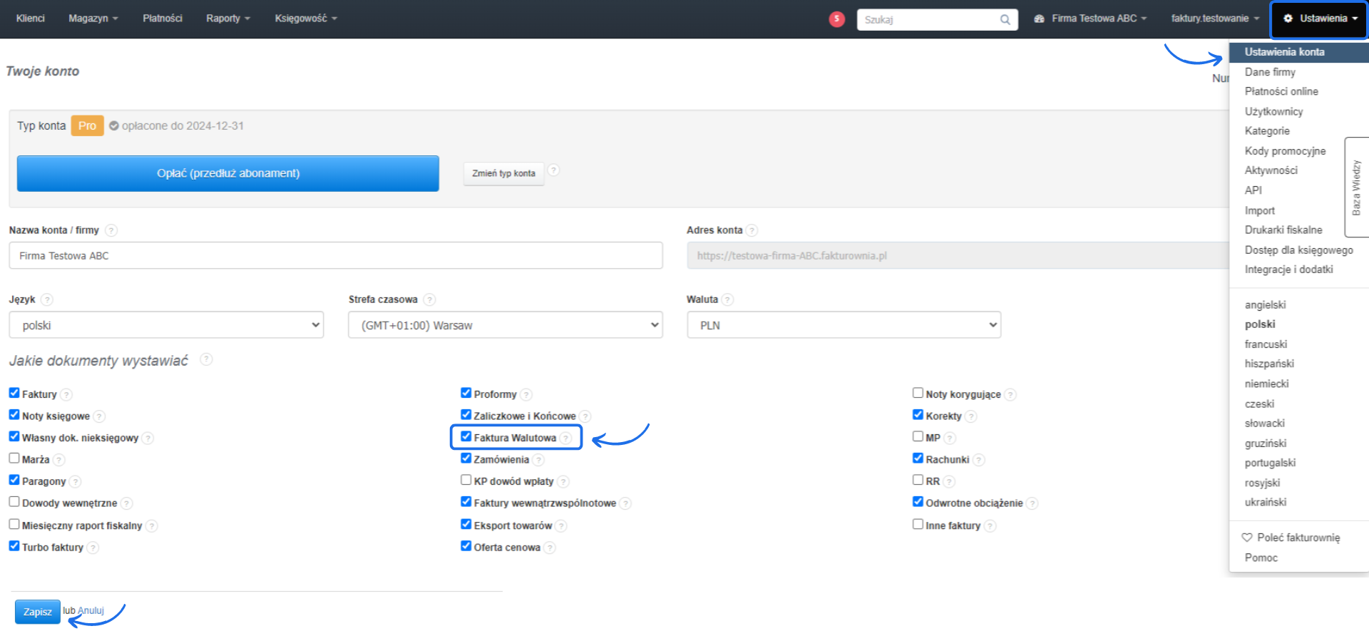 Okno ustawień konta z wybraną opcją faktury walutowej, zaznaczone dokumenty do wystawiania, w tym faktury, korekty, proformy i zamówienia.