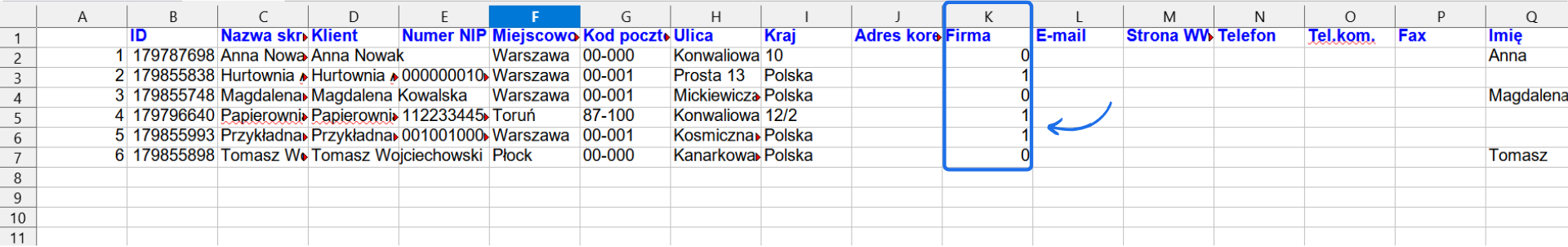 Plik XLS z danymi klientów, zawierający kolumny ID, nazwę skróconą, NIP, adres, kraj i inne szczegóły, z wyróżnioną kolumną 'Firma'.