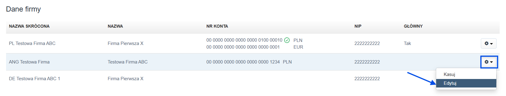 Lista działów w ramach konkretnego NIPu w danych firmy z opcję edycji ustawień działu.