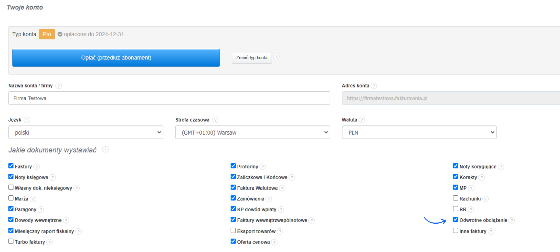 Panel ustawień konta w systemie fakturowym z opcją wyboru typów dokumentów do wystawiania, takich jak faktury, paragony, czy odwrócone obciążenie.
