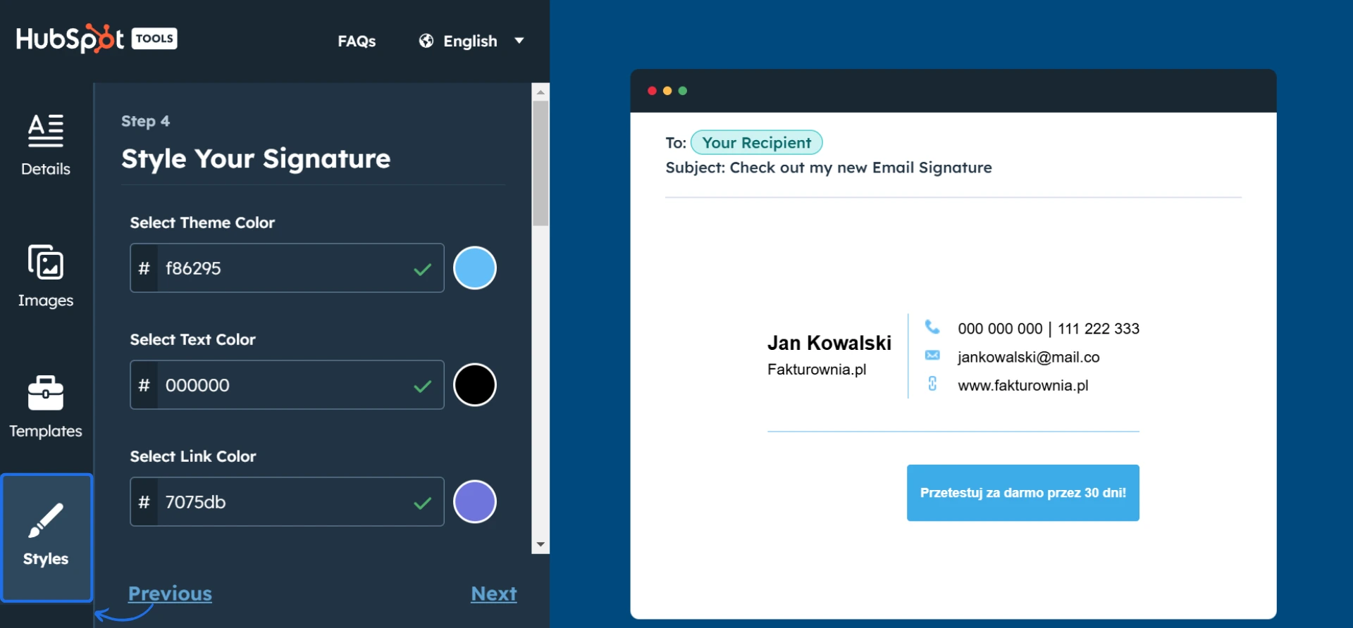 HubSpot Email Signature Generator – personalizacja stylu stopki e-mail, wybór kolorów motywu, tekstu i linków.