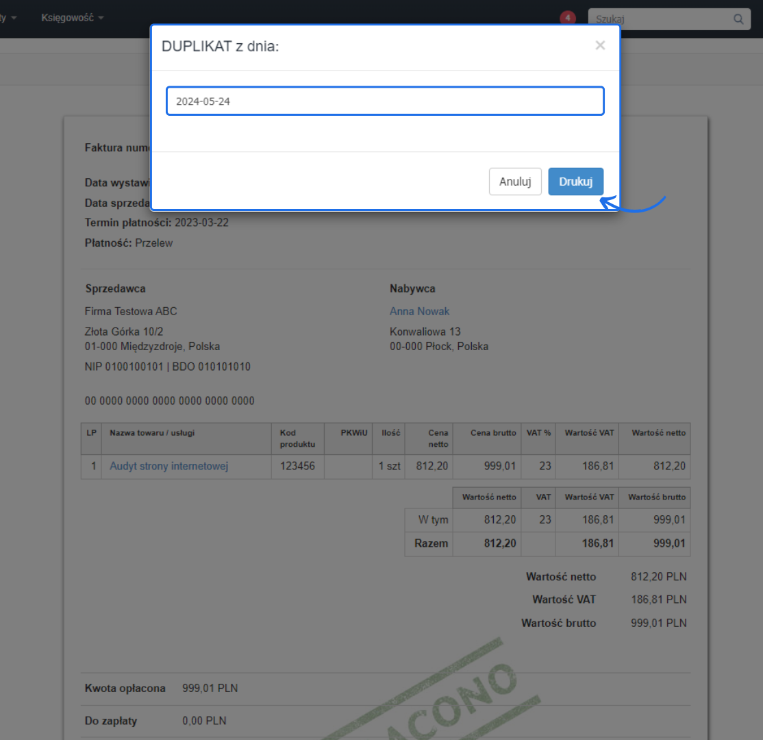 Okno dialogowe w Fakturowni z opcją wydrukowania duplikatu faktury z wybraną datą oraz przyciskiem 'Drukuj'.