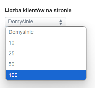 Lista rozwijana ustawień z opcją wyboru liczby klientów na stronie: Domyślnie, 10, 25, 50, 100 – zaznaczona wartość to 100.