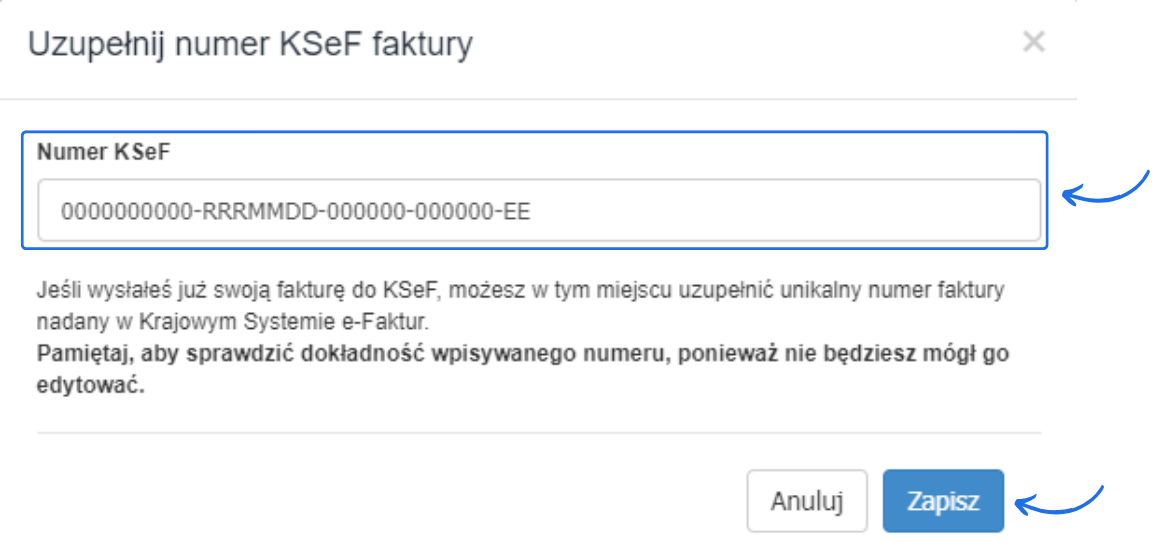 Formularz wprowadzania numeru KSeF do faktury w Fakturowni z przyciskiem Zapisz i polem na identyfikator.
