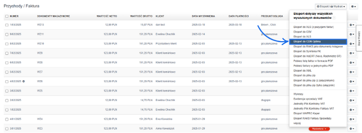 Lista faktur z rozwiniętym menu eksportu i zaznaczoną opcją "Eksport do XLSX (fakturowania online)