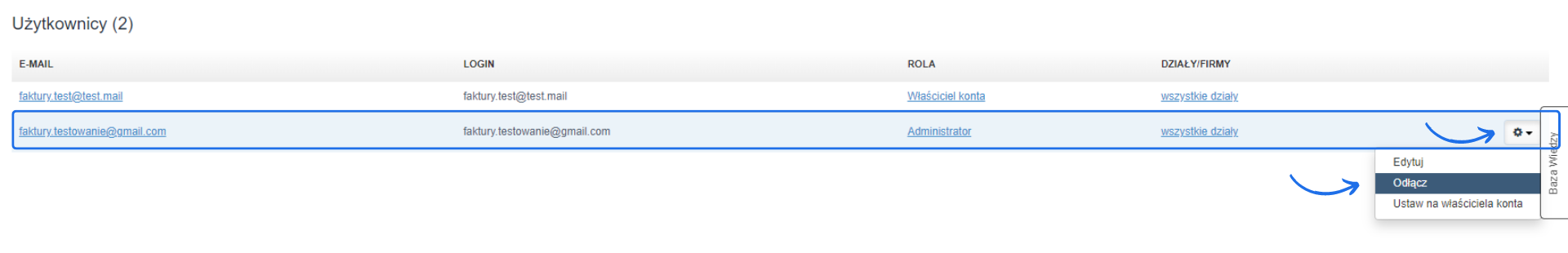 Ekran zarządzania użytkownikami w Fakturowni z zaznaczonym użytkownikiem i rozwiniętym menu opcji, pokazującym możliwość edycji, odłączenia lub ustawienia na właściciela konta.