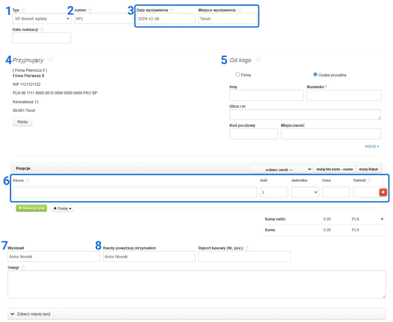 Formularz wystawiania dokumentu KP dowód wpłaty z polami dla daty, miejsca, danych przyjmującego i szczegółów transakcji.