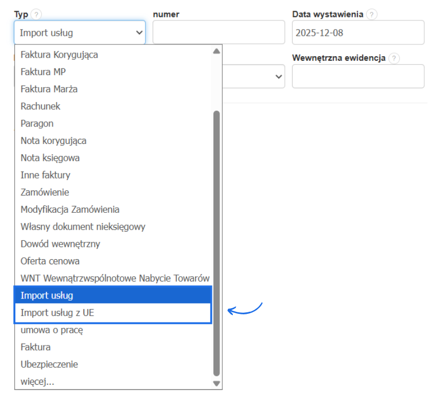Formularz tworzenia faktury kosztowej w systemie Fakturownia z pole typ dokumentu i wybraną opcją import usług.