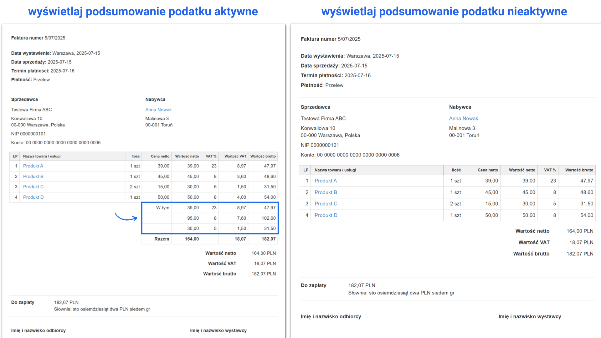 Porównanie wydruków tego samego dokumentu z aktywną opcją wyświetlania podsumowania podatku oraz bez podsumowania podatku.