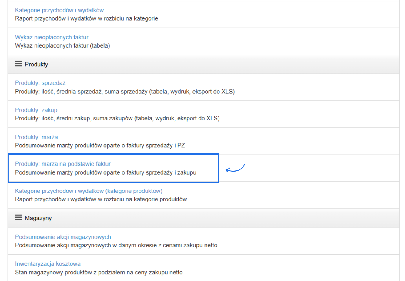 Lista raportów dostępnych do wyboru w systemie Fakturownia w tym sekcja raportów produktowych z aktywnym raportem Produkty: marża na podstawie faktur.