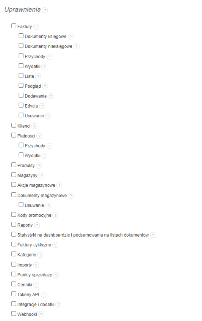 Lista uprawnień do zaznaczenia dla nowej roli w systemie zarządzania użytkownikami, zawierająca opcje takie jak faktury, klienci, płatności, produkty, magazyny, kody promocyjne, raporty i inne.