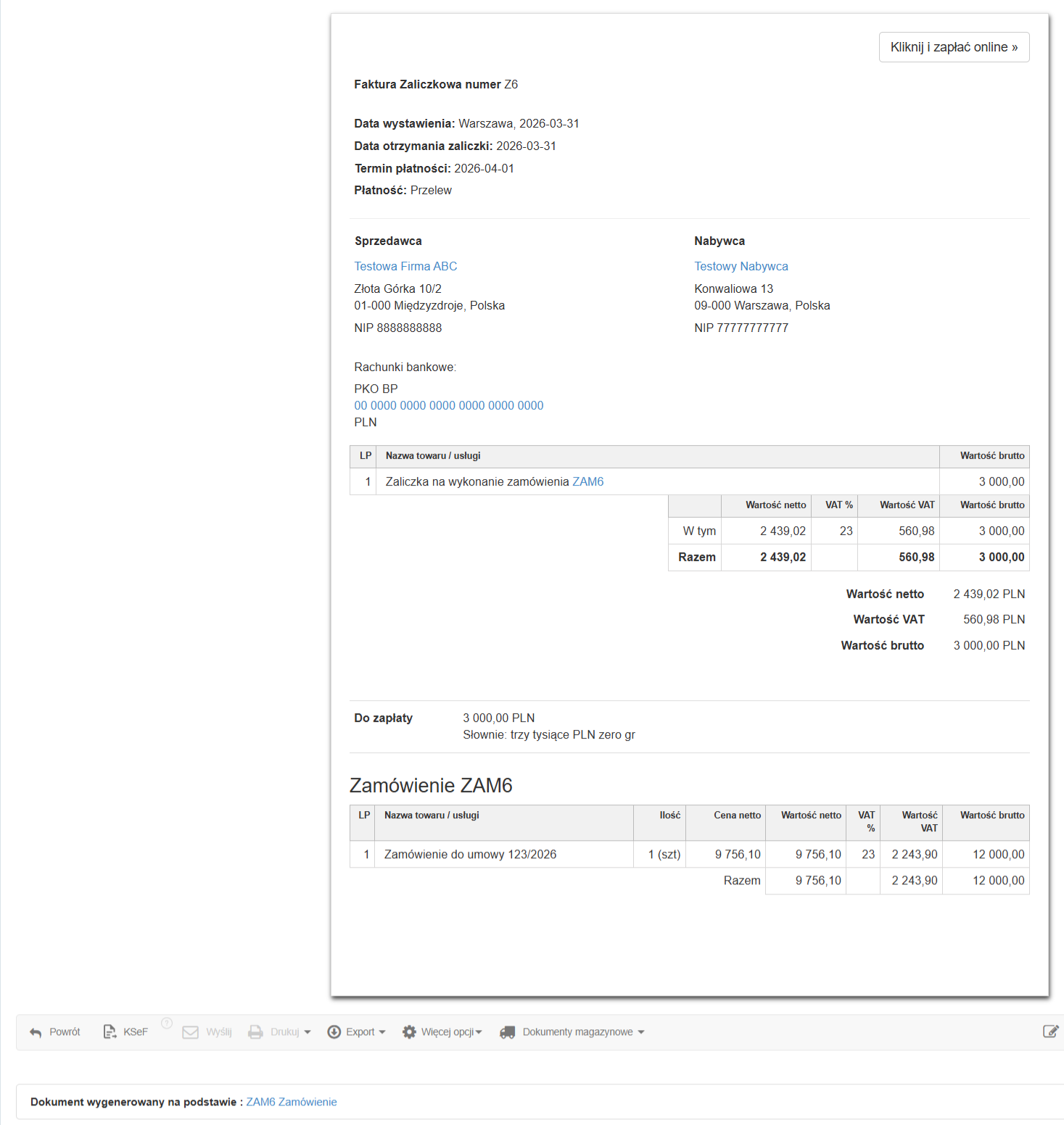 Faktura zaliczkowa utworzona razem z zamówieniem.