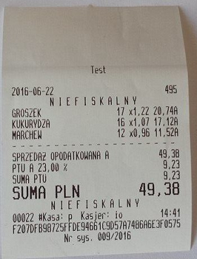 Przykładowy paragon wskazujący prawidłowe wyliczenia od kwot brutto.