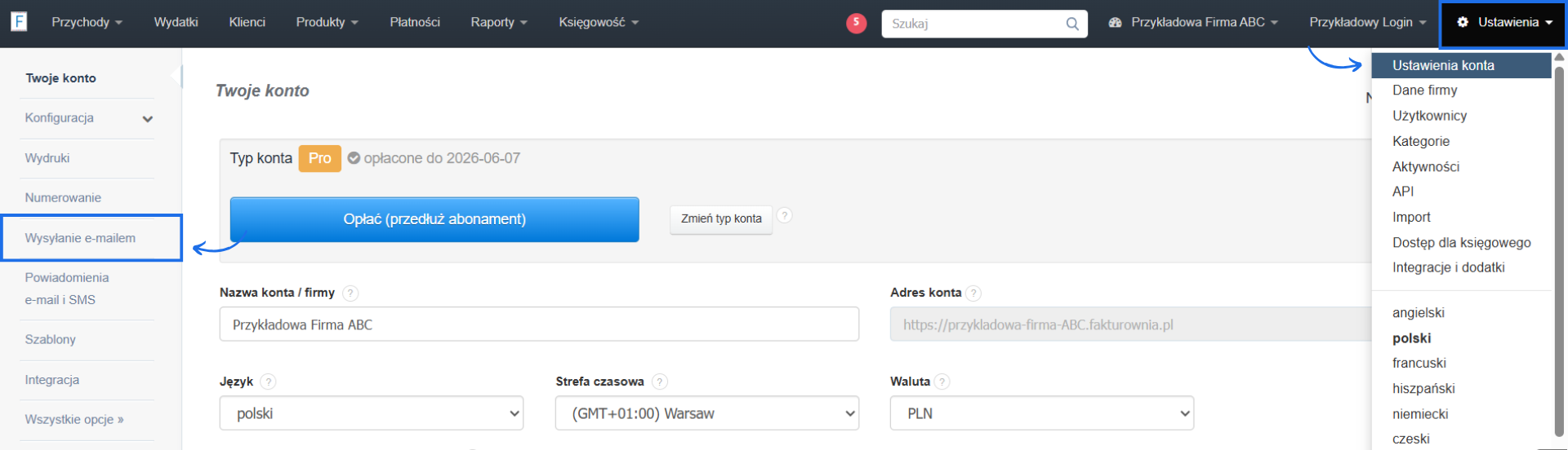 Ustawienia ogólne w systemie Fakturownia do fakturowania online z aktywną zakładką wysyłka faktury e-mailem.