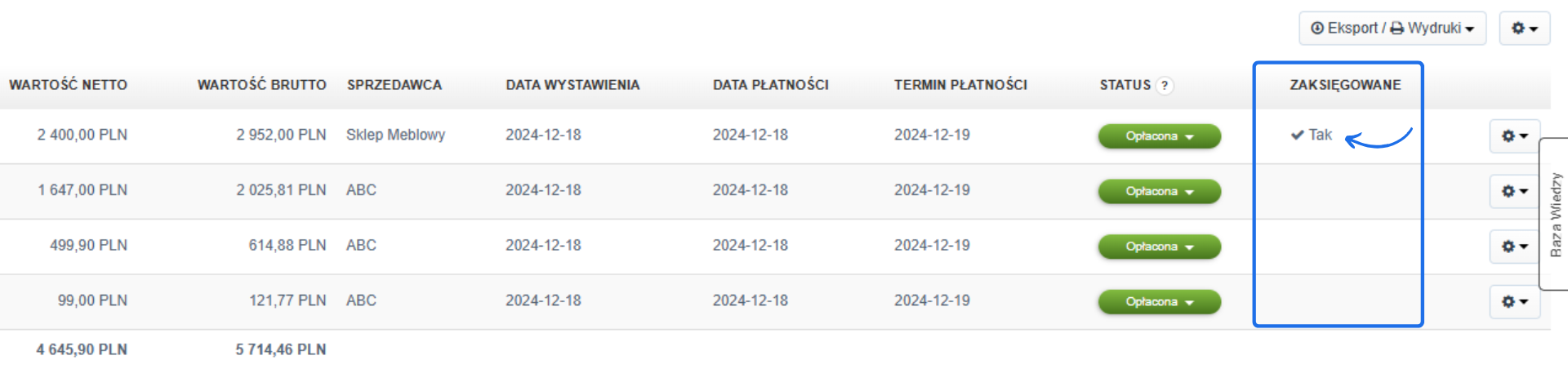 Lista wydatków w Fakturowni z dodatkową kolumną 'Zaksięgowane', wskazującą status 'Tak' dla opłaconych dokumentów.