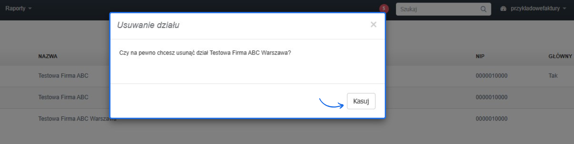Okno dialogowe 'Usuwanie działu' w systemie Fakturownia.pl z pytaniem o potwierdzenie usunięcia działu 'Testowa Firma ABC Warszawa'. Widoczny przycisk 'Kasuj'.