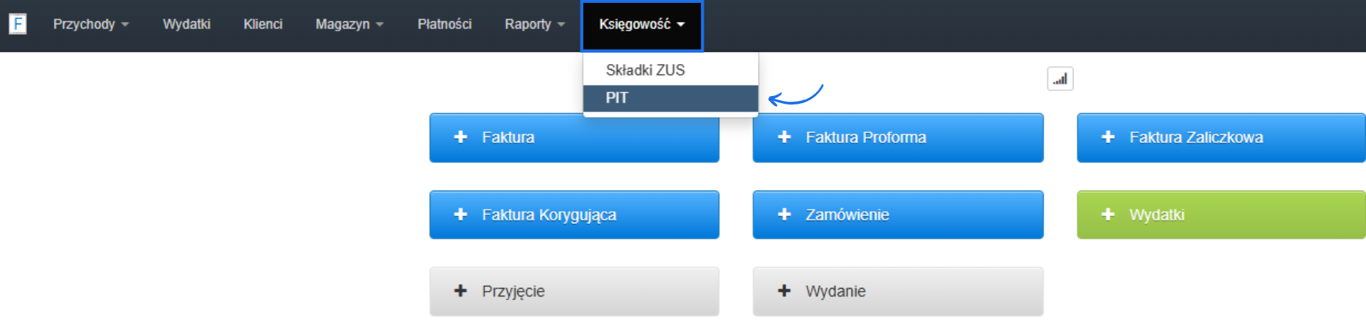 Widok menu w systemie Fakturownia z rozwiniętą zakładką Księgowość i PIT.