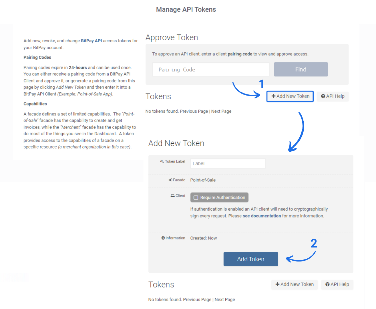 Widok systemu BitPay ze ścieżką wygenerowania nowego tokenu API do integracji z zewnętrznym systemem.