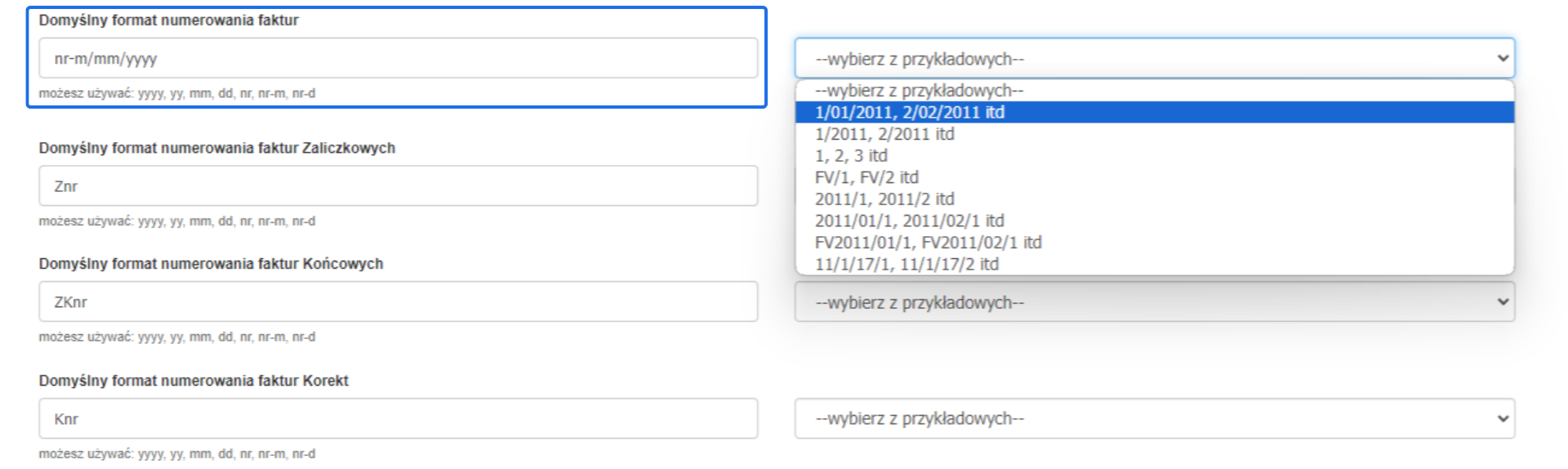 Ustawienia numerowania faktur w programie Fakturownia z rozwijaną listą przykładów formatów numerowania, z wybranym formatem nr/m/mm/yyyy.