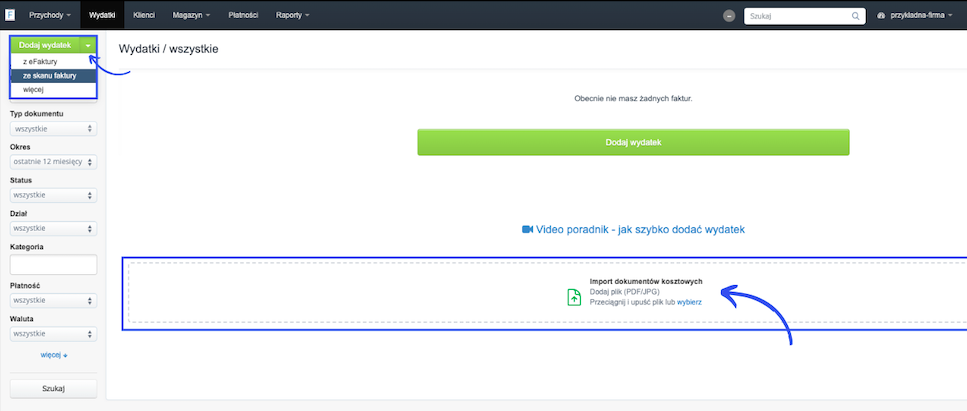 Panel wydatków w aplikacji Fakturownia z widoczną listą dokumentów i opcją 'Dodaj wydatek' z rozwijanym menu umożliwiającym dodanie wydatku z eFaktury, skanu faktury lub dodanie cyklicznego.