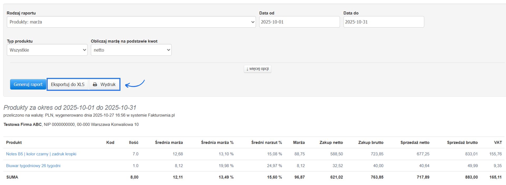 Dedykowane przyciski eksportu do XLS oraz wydruku danych wygenerowanych przez system w raporcie produkty: marża.