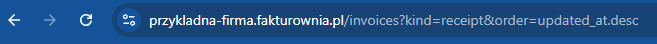 Pasek adresu przeglądarki z widocznym URL ‘przykladna-firma.fakturownia.pl/invoices?kind=receipt&order=updated_at.desc’