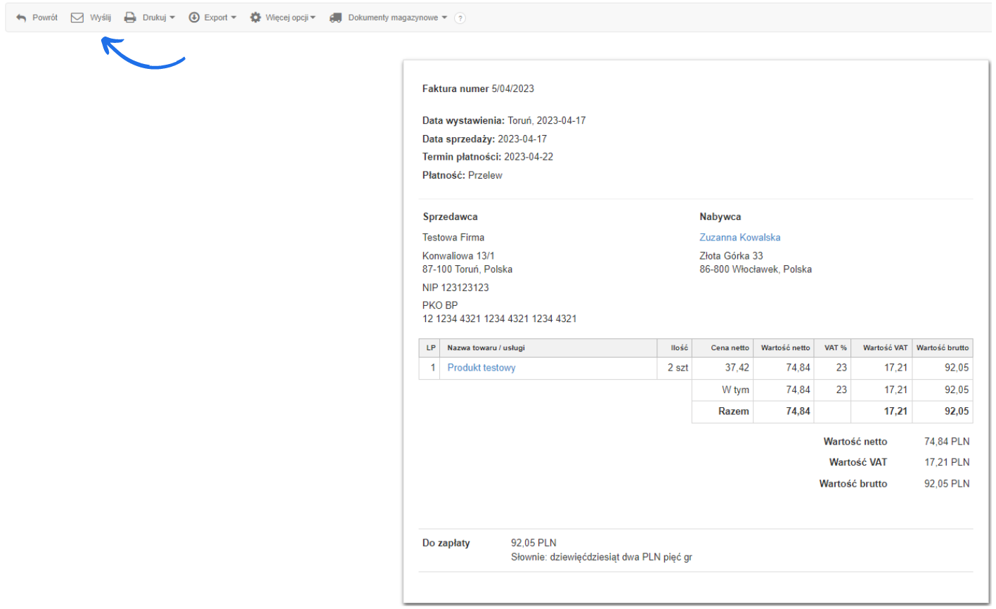 Faktura sprzedażowa dla testowego Nabywcy wystawiona w systemie do fakturowania online z dostępną opcją wysyłki.