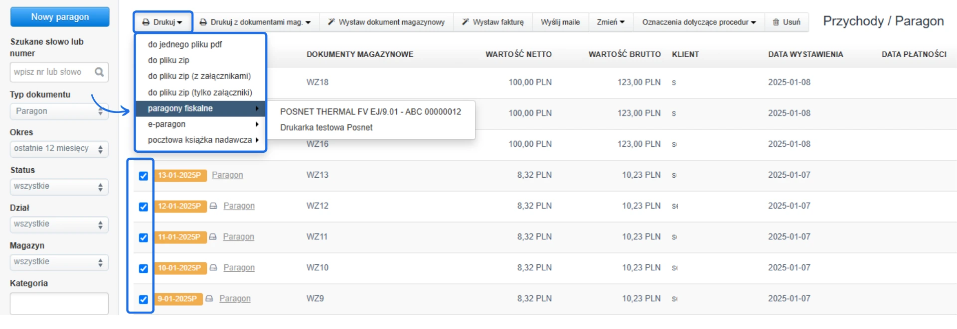Lista paragonów z opcją masowego wydruku paragonów fiskalnych przy użyciu drukarki Posnet Thermal FV EJ/9.01 w ustawieniach dokumentów.