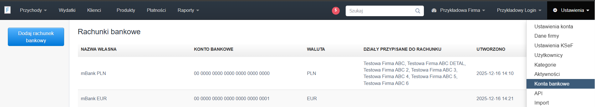 Lista kont bankowych utworzonych w obrębie konta z przyciskiem 'Dodaj rachunek bankowy' do tworzenia nowych kont.