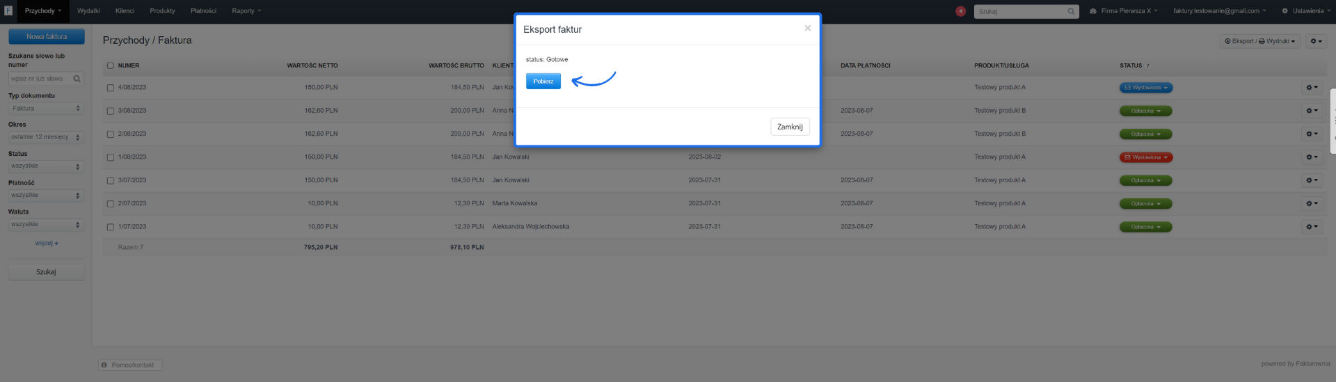 Zrzut ekranu z systemu Fakturownia.pl pokazujący eksport faktur z opcją pobrania wygenerowanego pliku.