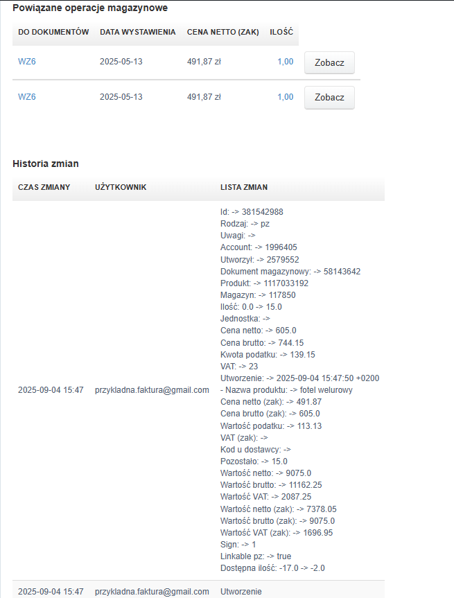 Lista powiązanych operacji magazynowych dla fotela welurowego z historią zmian dokumentu PZ2 wystawionego 2025-09-04.