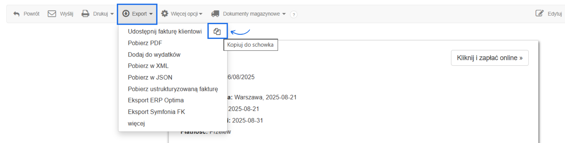Podgląd faktury z aktywną opcją eksportu i możliwością skopiowania do schowka linku d faktury.