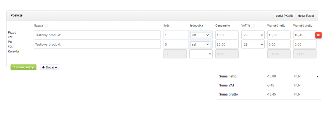 Pozycje na fakturze korygującej w systemie Fakturownia.pl, z przedmiotem korekty 'Testowy produkt' i szczegółami dotyczącymi ilości, ceny netto oraz wartości brutto przed i po korekcie.