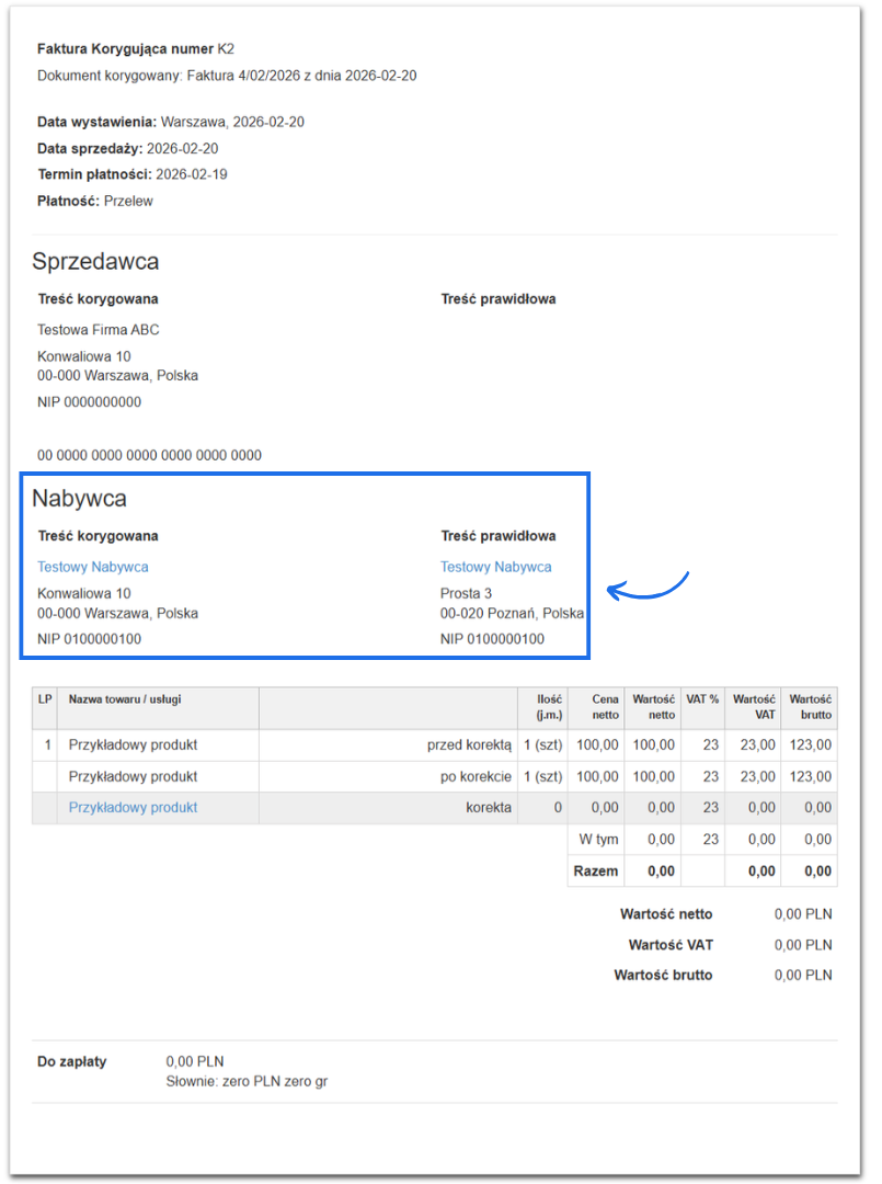 Przykład faktury korygującej zmieniającej dane adresowe Nabywcy.