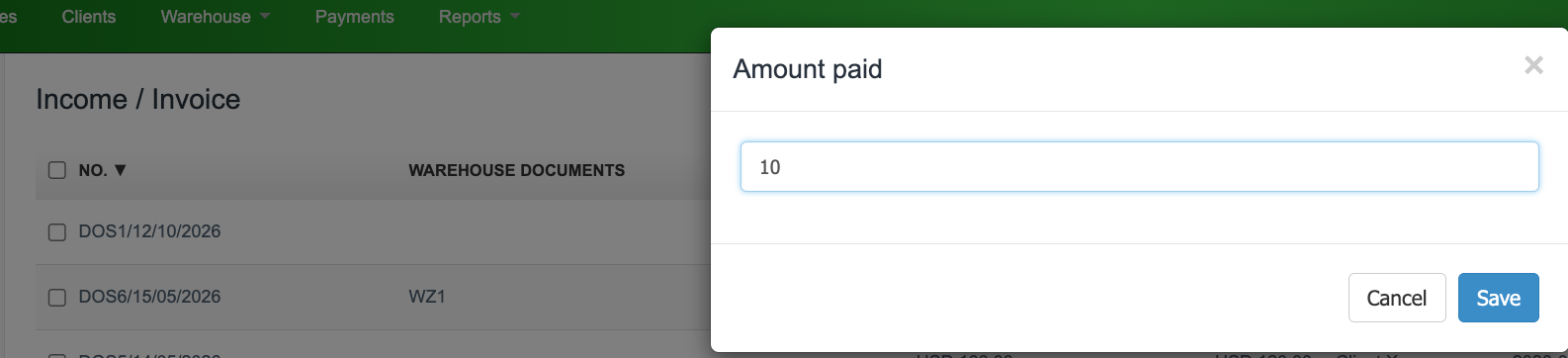 Window for entering the amount paid so far when marking an invoice as partially paid