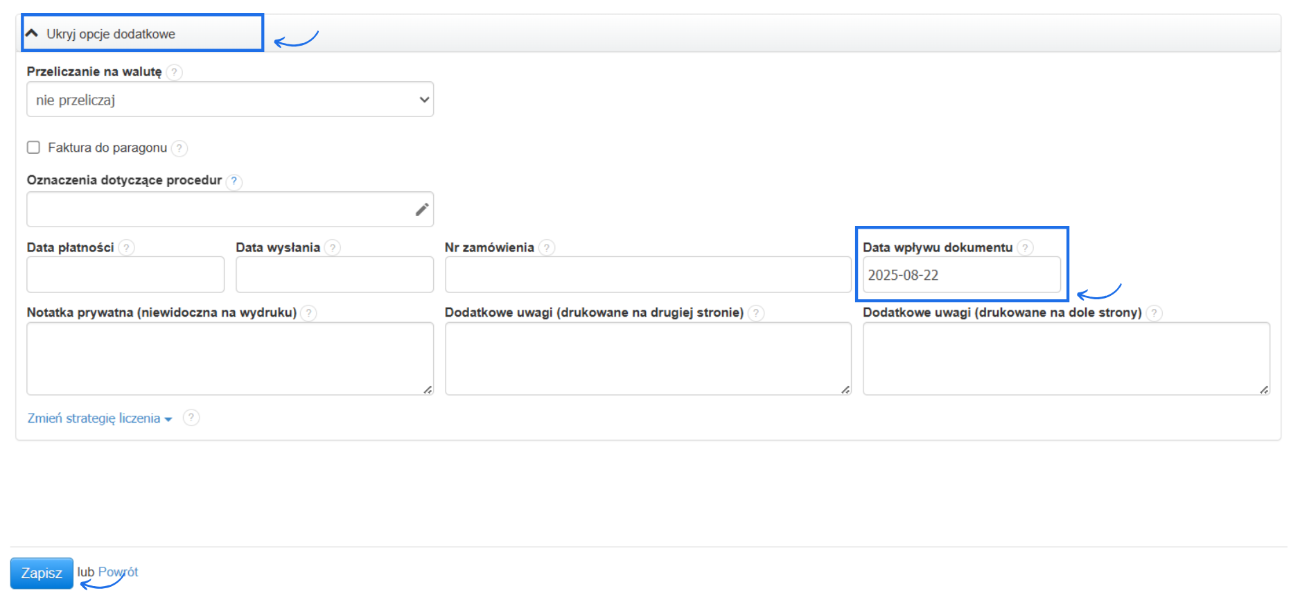Pole data wpływu dokumentu na formularza tworzenia/edycji faktury kosztowej, które wskazuje datę ujęcia transakcji do VAT.