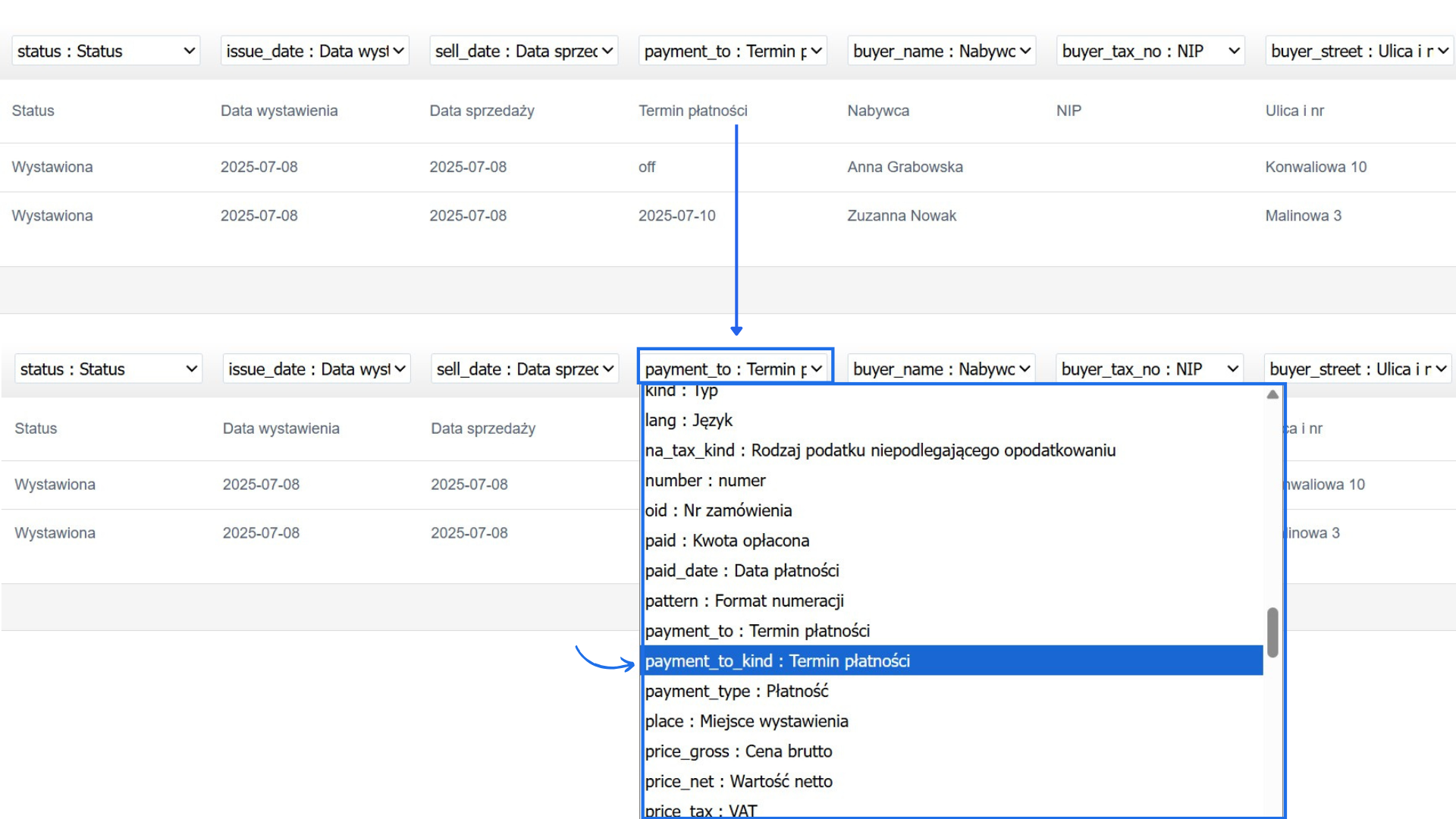 Krok 2 importu z możliwością przypisania prawidłowej zmiennej do kolumny z terminem płatności, który ma pojawić się lub nie na dokumencie sprzedaży.