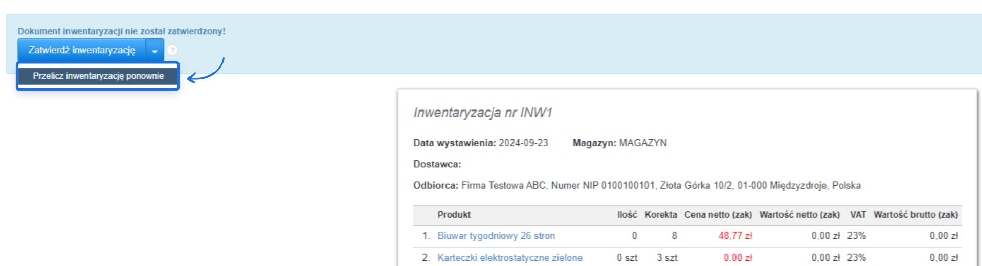 Opcja ponownego przeliczenia inwentaryzacji magazynu, która pozwala uwzględnić zmiany dokonane na koncie między utworzenie, a zatwierdzeniem dokumentu.