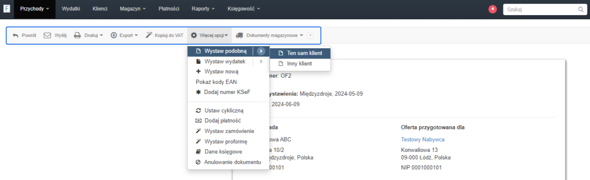 Menu interfejsu użytkownika z opcjami dokumentów takimi jak faktury, zamówienia, i korekty, wraz z przyciskiem do wyświetlania dodatkowych opcji.