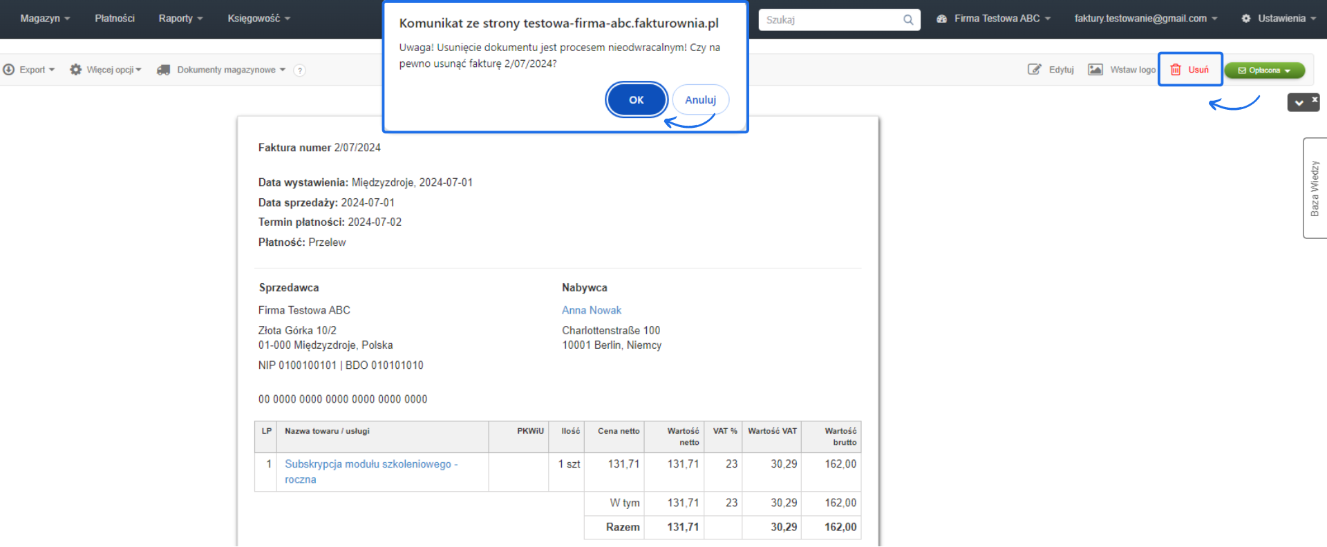 Potwierdzenie usunięcia faktury numer 2/07/2024 z widokiem szczegółów faktury dla testowej firmy i klienta w programie Fakturownia.