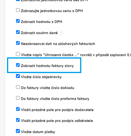 Zobrazit hodnotu faktury slovy