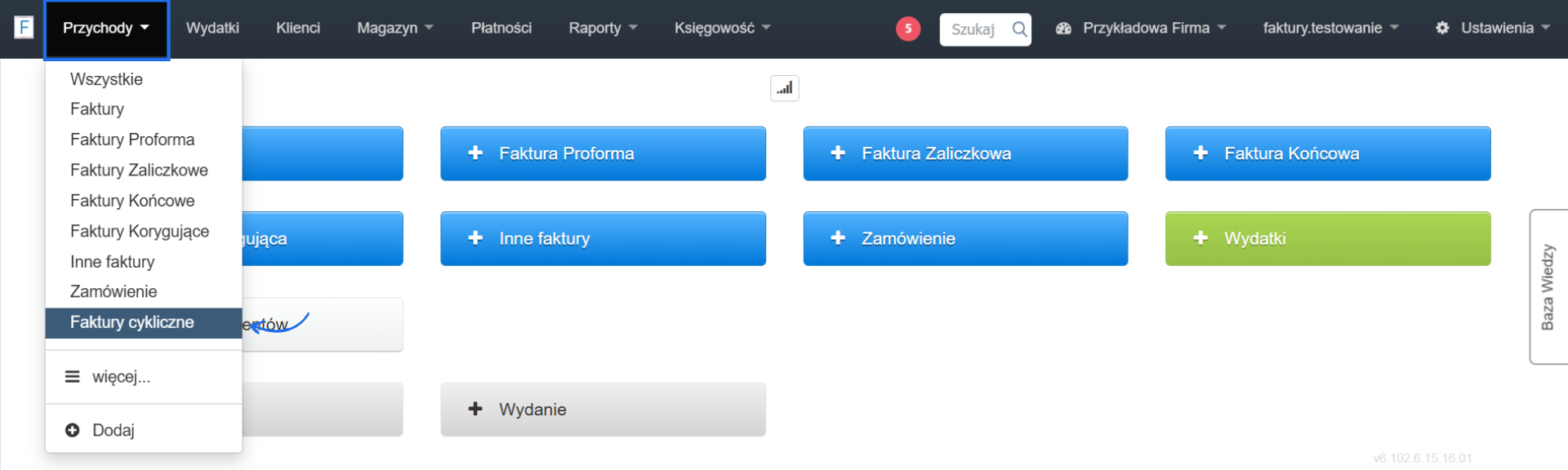 Zakładka z listą dokumentów do wystawienia po stronie przychodów w systemie do fakturowania online z aktywną opcją faktury cykliczne.