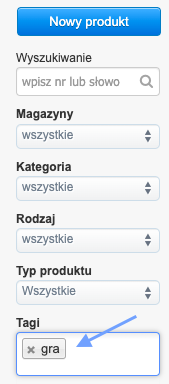 Filtry wyszukiwania produktów z aktywnym tagiem „gra” i opcją jego usunięcia oznaczoną ikoną x