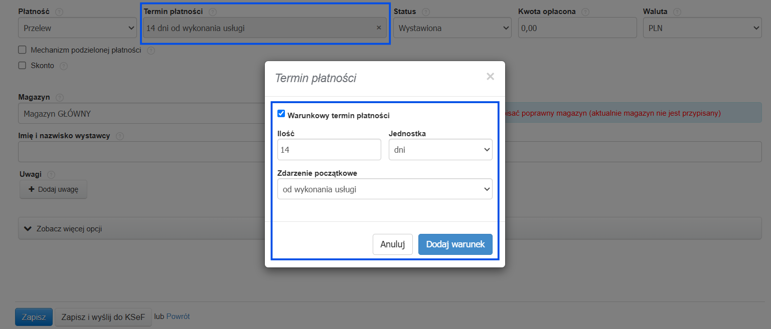 Termin płatności na formularzu tworzenia faktury jako liczba dni od daty wykonania usługi.