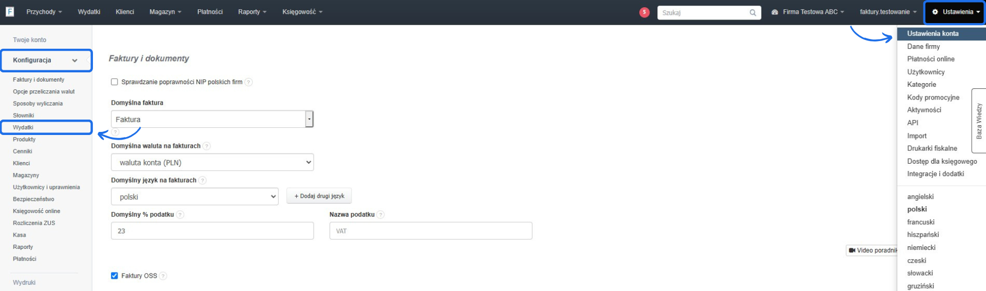 Panel ustawień Fakturownia z zakładką 'Konfiguracja' i wybraną opcją 'Wydatki'. Menu ustawień konta rozwinięte w prawym górnym rogu.