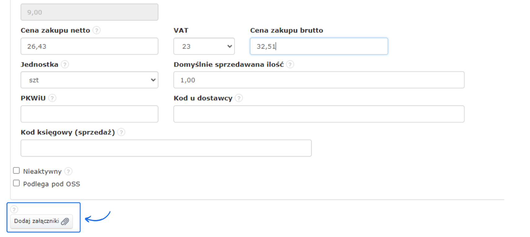 Formularz wprowadzania danych produktu z cenami zakupu netto i brutto, stawką VAT, oraz przyciskiem dodawania załączników.
