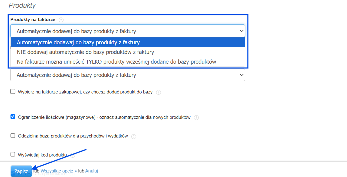 Ustawienia dodawania produktów do bazy z faktur sprzedażowych z dostępnymi opcjami wyboru.